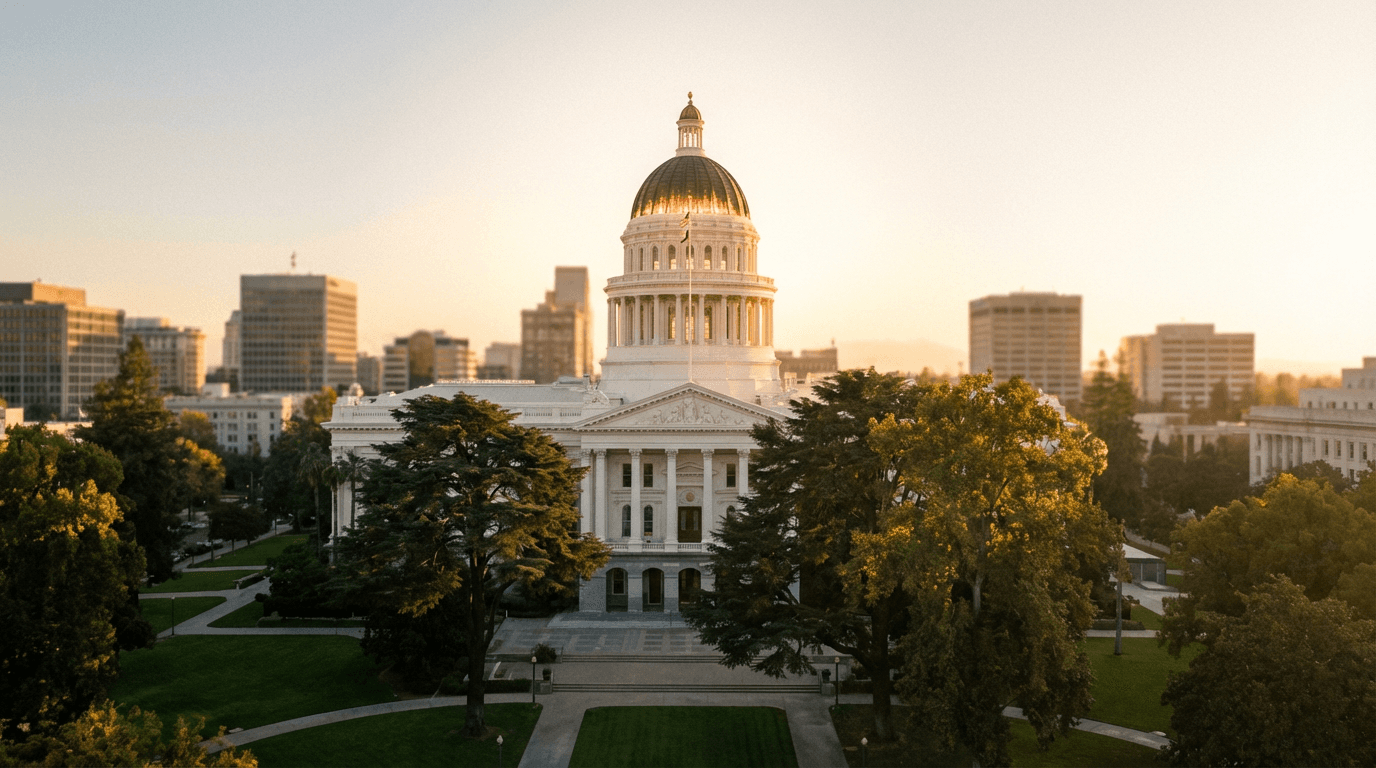 California State Capitol dome at dusk with the American flag flying, golden sunlight hitting the white neoclassical columns against a deep blue sky, cinematic wide-angle photograph