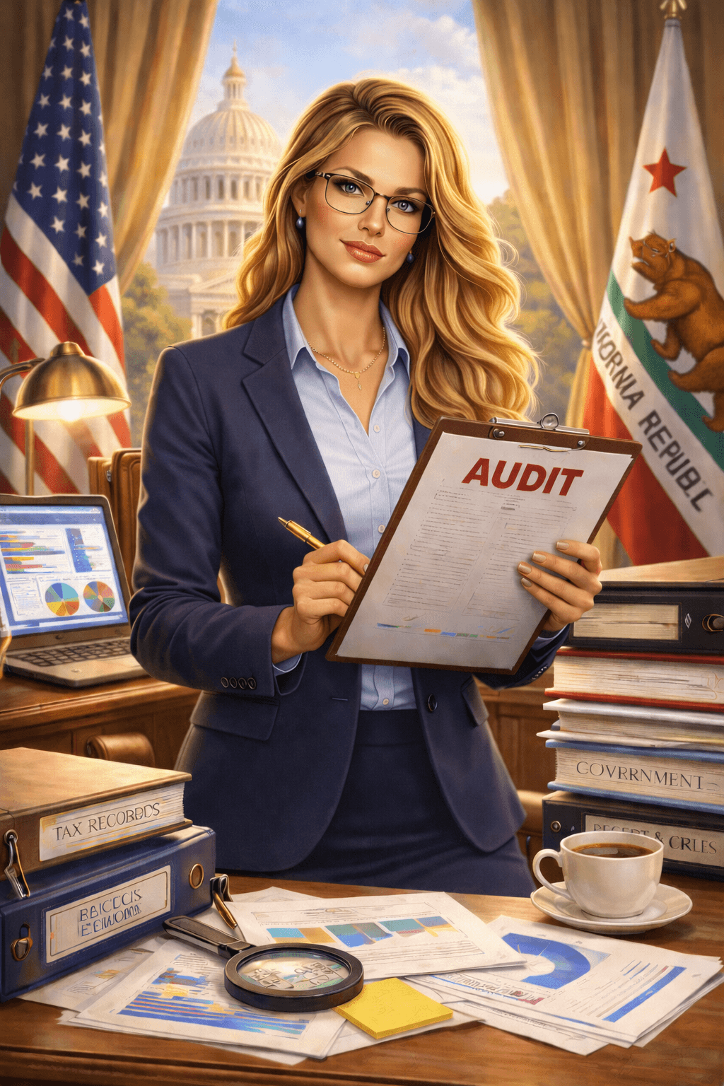 Blonde auditor holding an audit clipboard in a government office with flags and Capitol view.