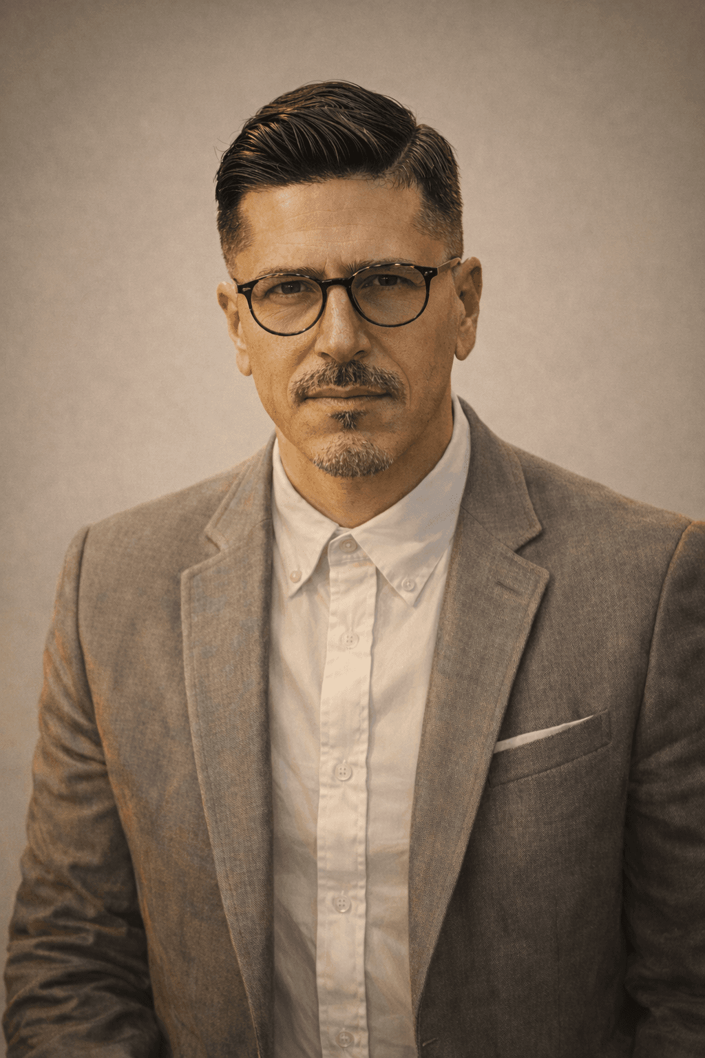 Man with glasses, mustache, and goatee wearing a grey blazer over a white shirt.