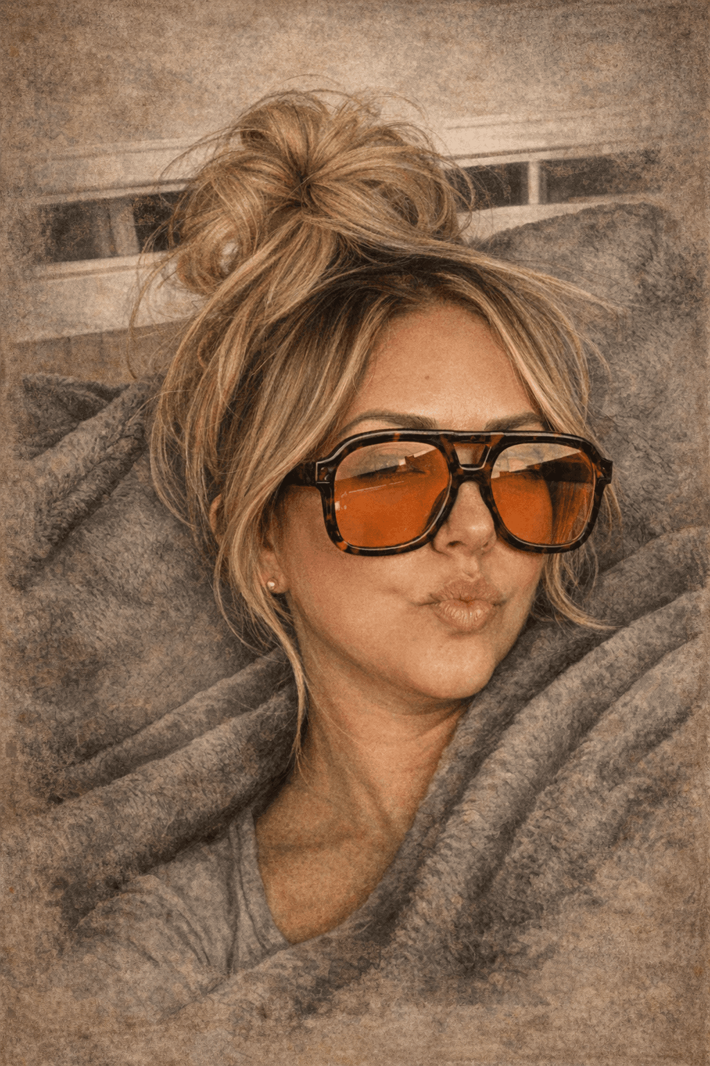 Blonde woman in messy bun wearing orange sunglasses, pouting while wrapped in a grey blanket.