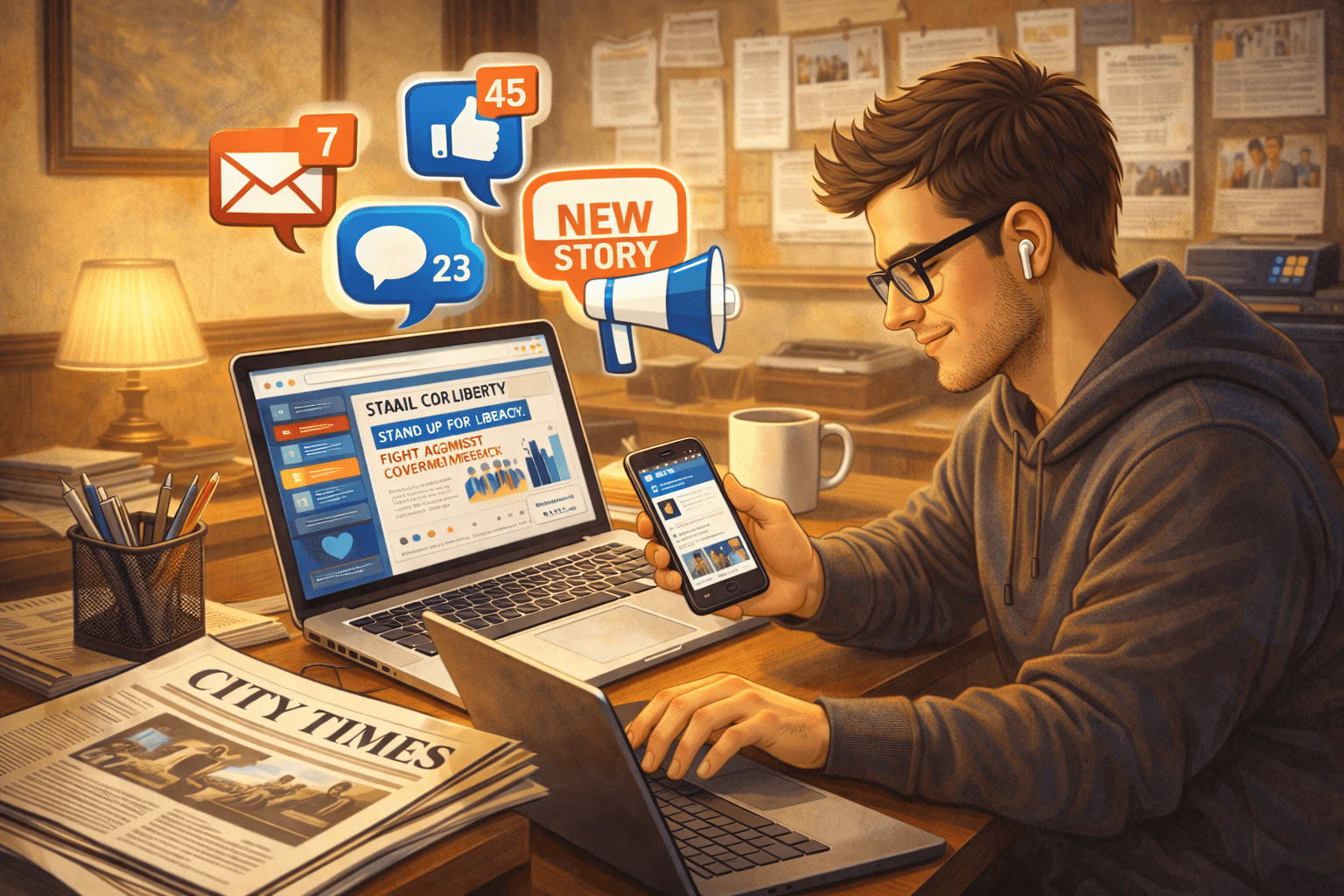 Smiling man using laptop and smartphone with floating social media notifications and news alerts.